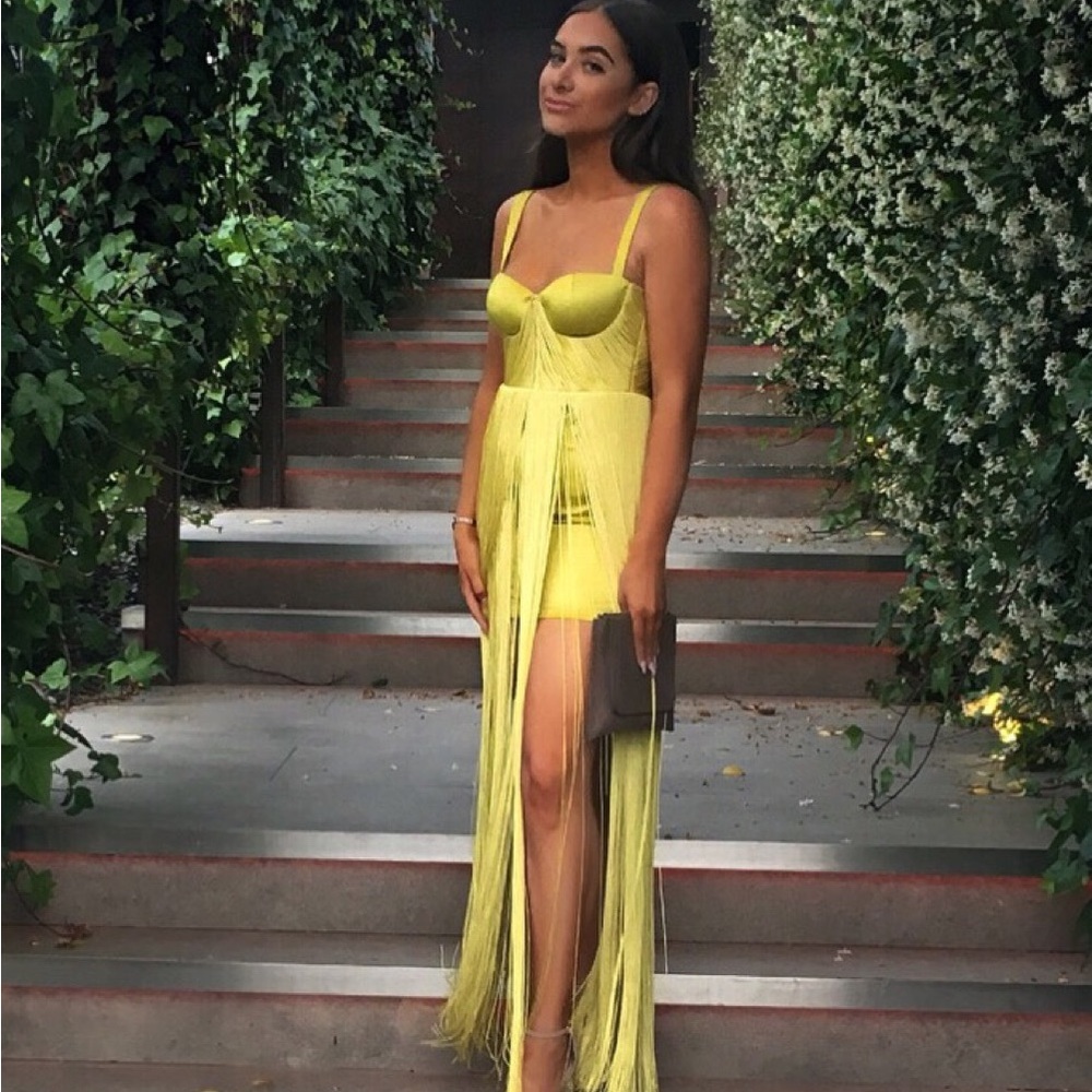 HOUSE OF CB 'Emee' Acid Yellow Satin Fringe Dress - Picture 10 of 17